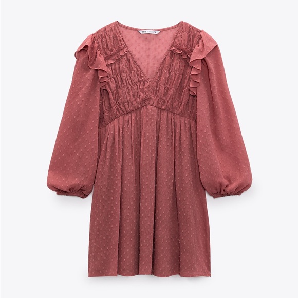 Brick Red Swiss Dot Ruffled ZARA Dress Size M - Picture 8 of 11